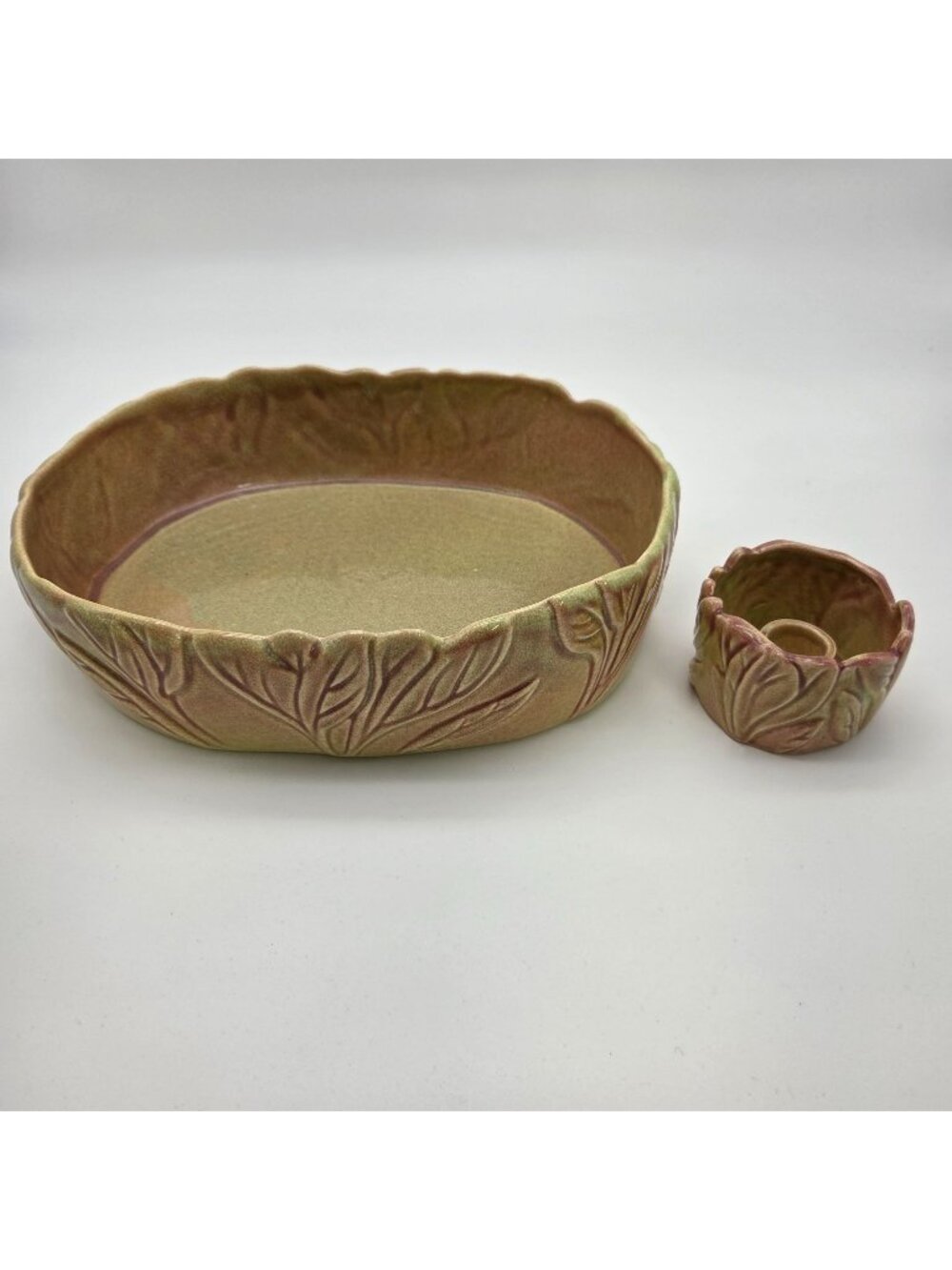 Vintage West Coast Pottery Leaf Low Planter or Serving Dish & Candle Holder
